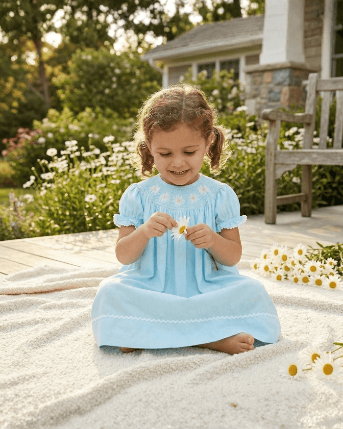 Light Blue Daisy Smocked Bishop Dress - Lil Cactus