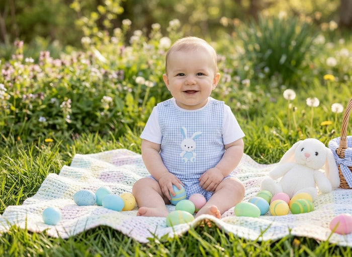Light Blue Gingham Easter Bunny Applique Shortalls - Lil Cactus