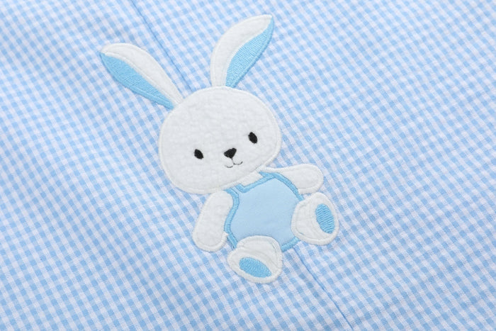 Light Blue Gingham Easter Bunny Applique Shortalls - Lil Cactus