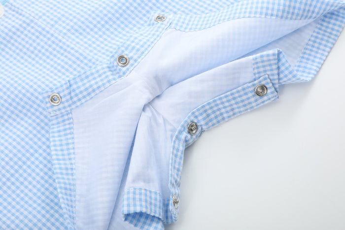 Light Blue Gingham Easter Bunny Applique Shortalls - Lil Cactus