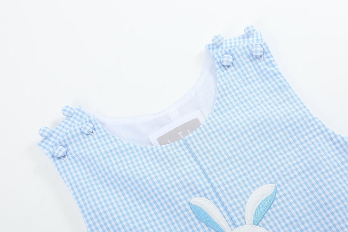 Light Blue Gingham Easter Bunny Applique Shortalls - Lil Cactus
