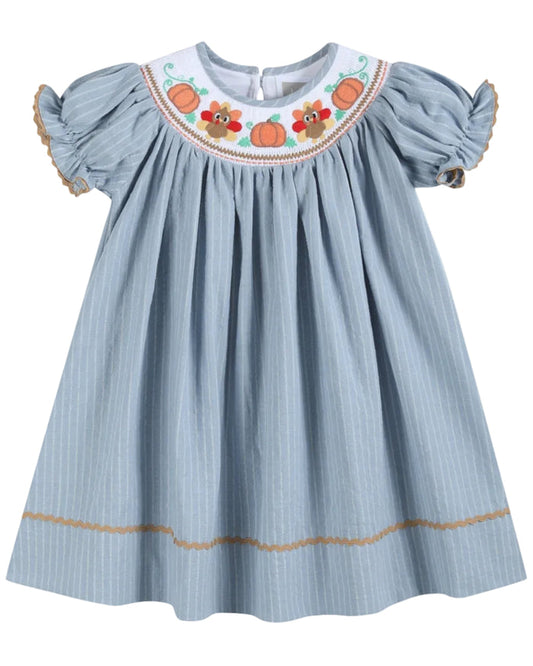 Light Blue Pinstripe Turkey Smocked Bishop Dress - Lil Cactus