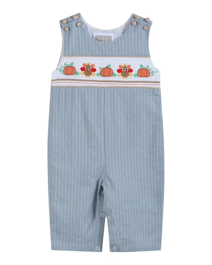 Light Blue Pinstripe Turkey Smocked Overalls - Lil Cactus
