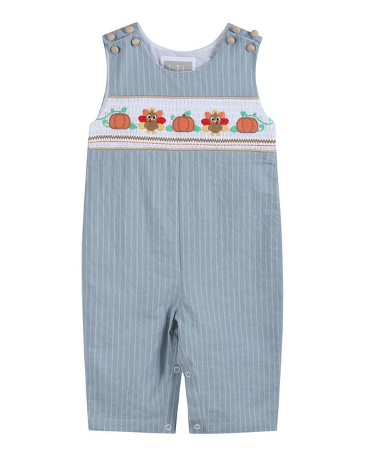 Light Blue Pinstripe Turkey Smocked Overalls - Lil Cactus
