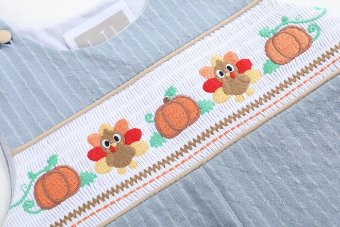 Light Blue Pinstripe Turkey Smocked Overalls - Lil Cactus