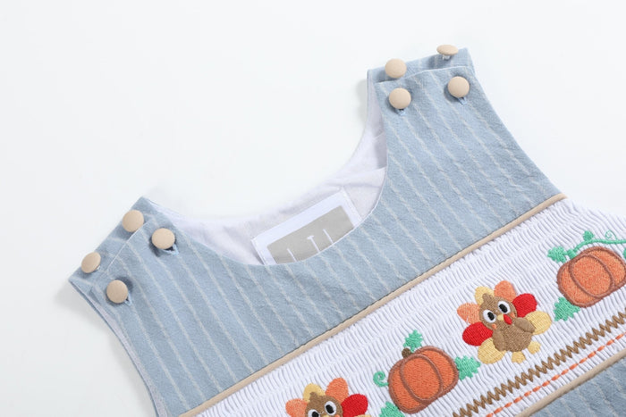 Light Blue Pinstripe Turkey Smocked Overalls - Lil Cactus