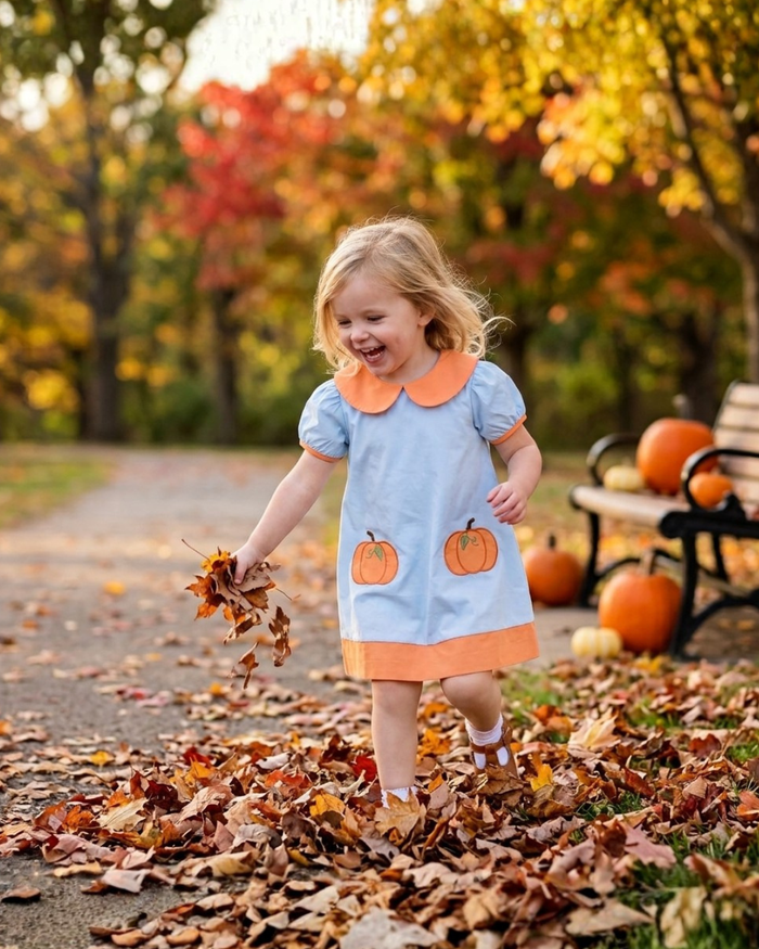 Light Blue Pumpkin Applique Collared Dress - Lil Cactus