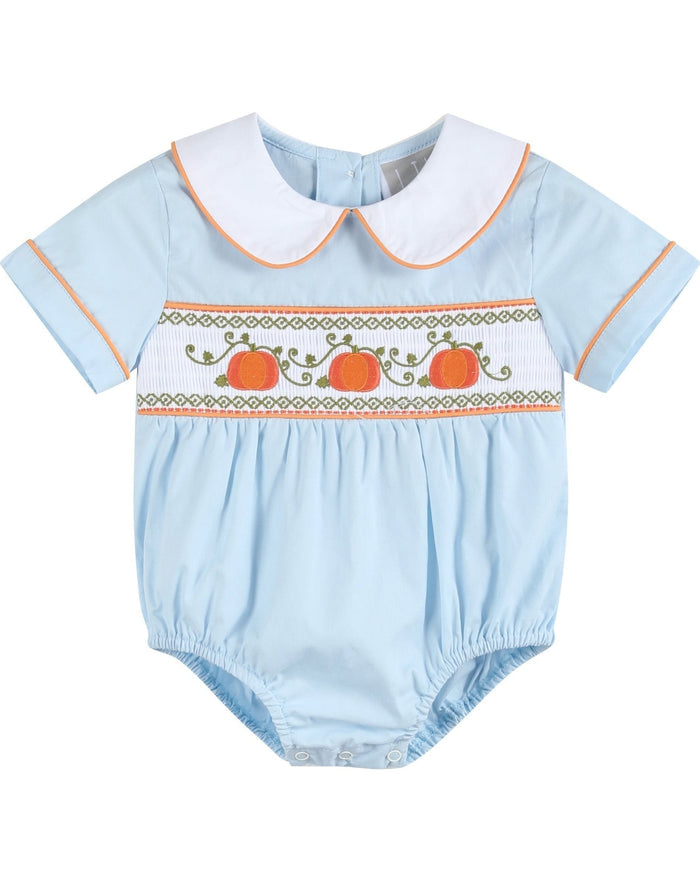 Light Blue Pumpkin Vine Smocked Collared Romper - Lil Cactus