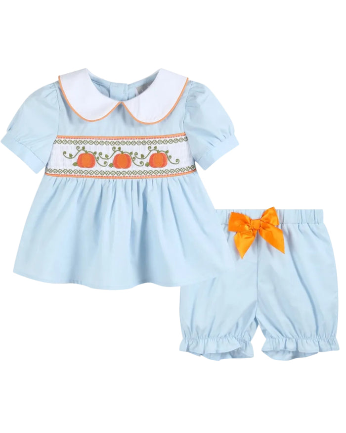 Light Blue Pumpkin Vine Smocked Dress and Bloomers - Lil Cactus