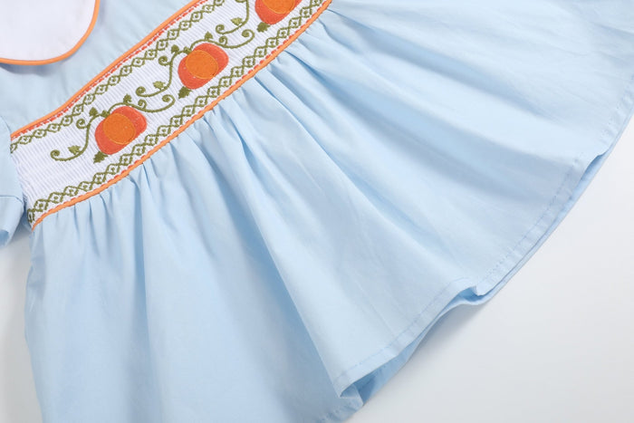 Light Blue Pumpkin Vine Smocked Dress and Bloomers - Lil Cactus