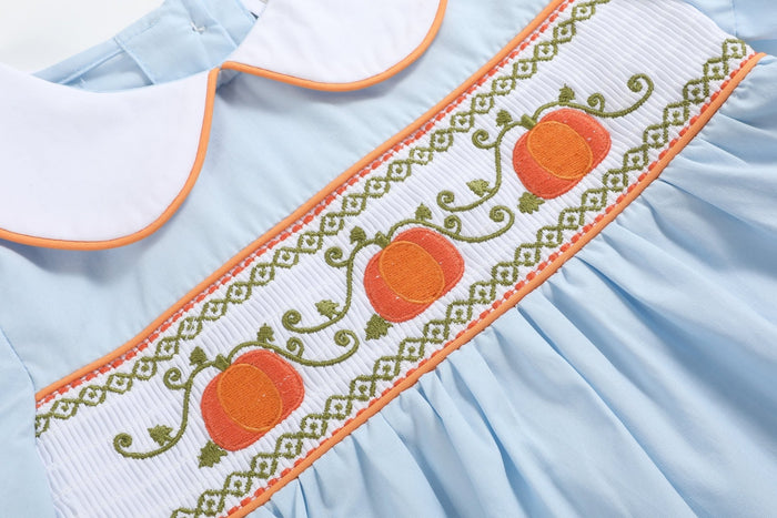 Light Blue Pumpkin Vine Smocked Dress and Bloomers - Lil Cactus
