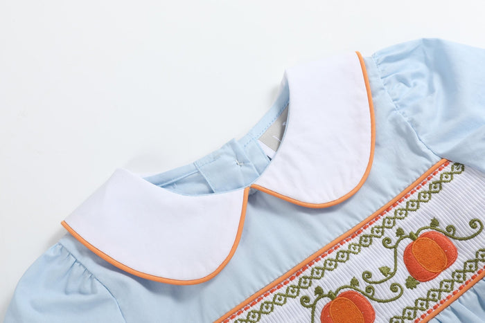 Light Blue Pumpkin Vine Smocked Dress and Bloomers - Lil Cactus