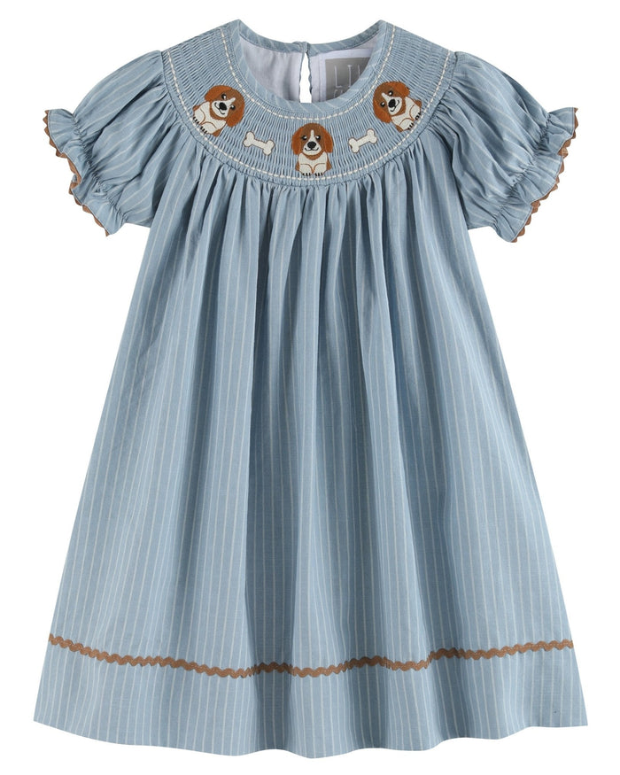Light Blue Puppy Smocked Bishop Dress - Lil Cactus