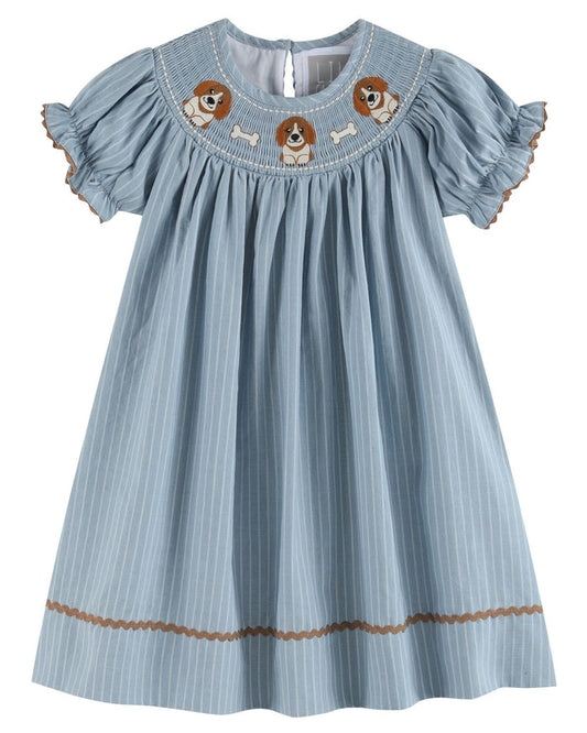 Light Blue Puppy Smocked Bishop Dress - Lil Cactus
