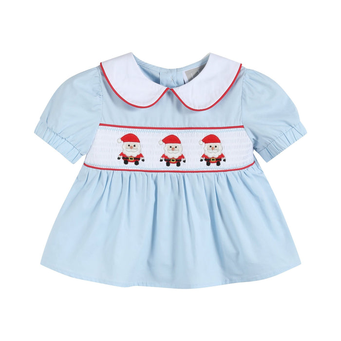 Light Blue Santa Smocked Dress and Bloomers - Lil Cactus
