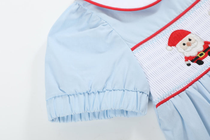 Light Blue Santa Smocked Dress and Bloomers - Lil Cactus