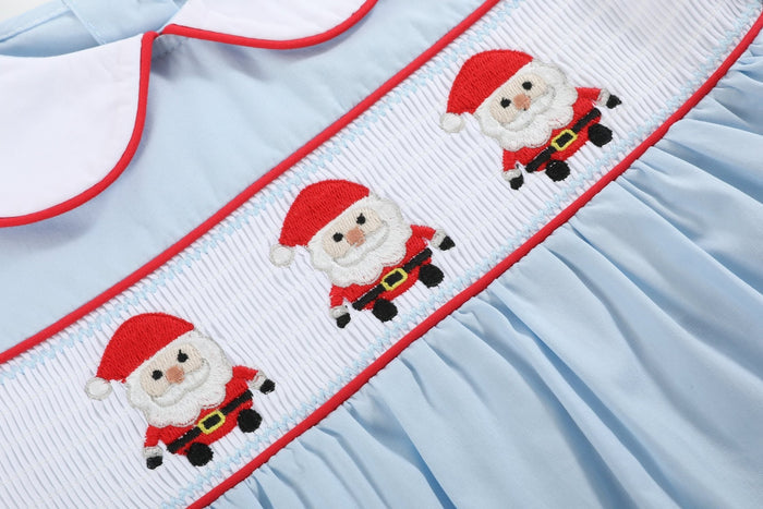 Light Blue Santa Smocked Dress and Bloomers - Lil Cactus