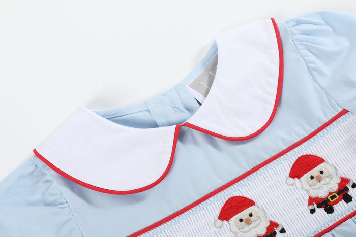 Light Blue Santa Smocked Dress and Bloomers - Lil Cactus