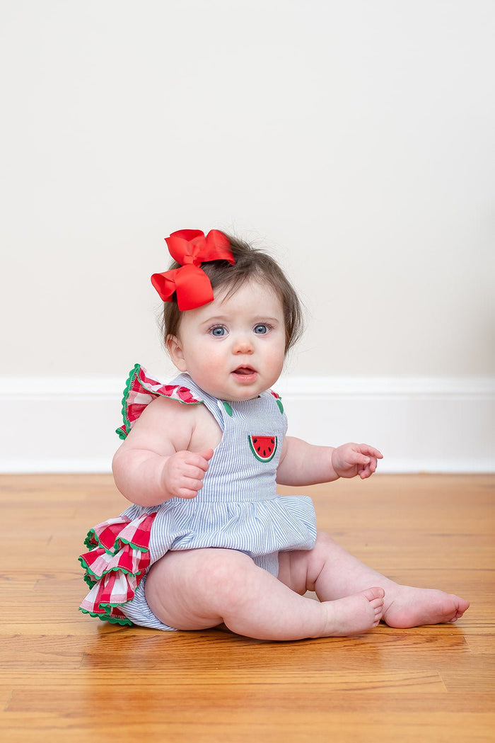 Light Blue Seersucker and Gingham Watermelon Ruffle Romper - Lil Cactus