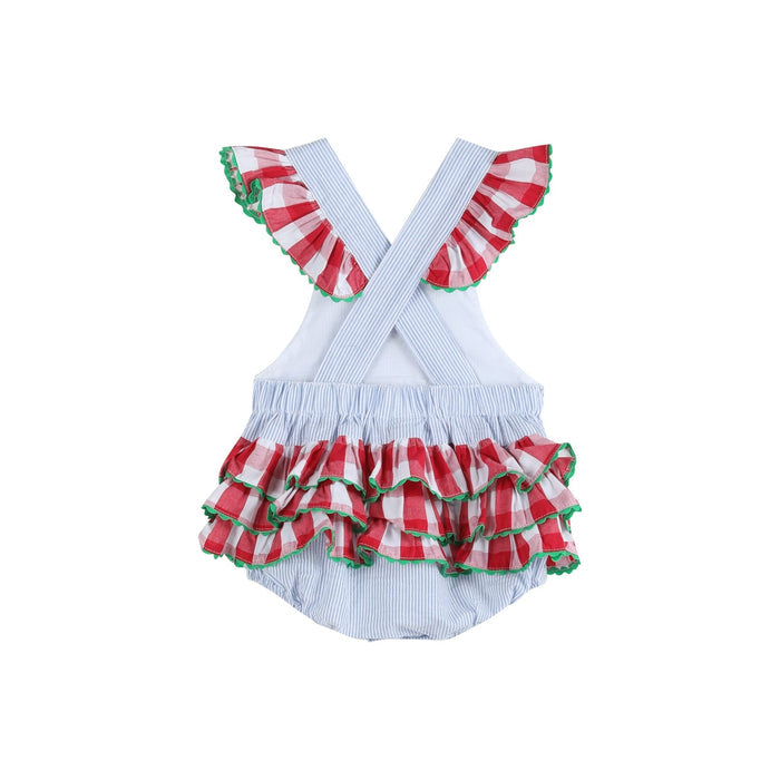 Light Blue Seersucker and Gingham Watermelon Ruffle Romper - Lil Cactus