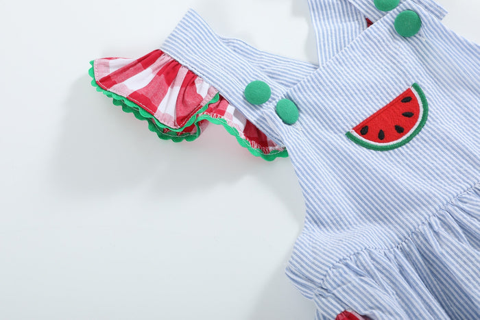 Light Blue Seersucker and Gingham Watermelon Ruffle Romper - Lil Cactus