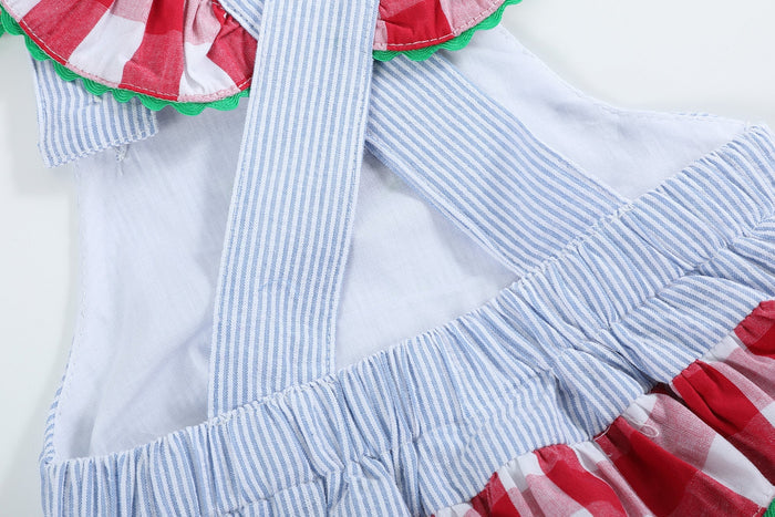 Light Blue Seersucker and Gingham Watermelon Ruffle Romper - Lil Cactus