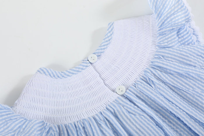 Light Blue Seersucker Easter Bunny Smocked Bishop Dress - Lil Cactus