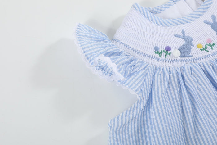 Light Blue Seersucker Easter Bunny Smocked Bishop Dress - Lil Cactus