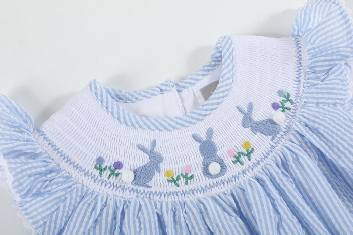 Light Blue Seersucker Easter Bunny Smocked Bishop Dress - Lil Cactus