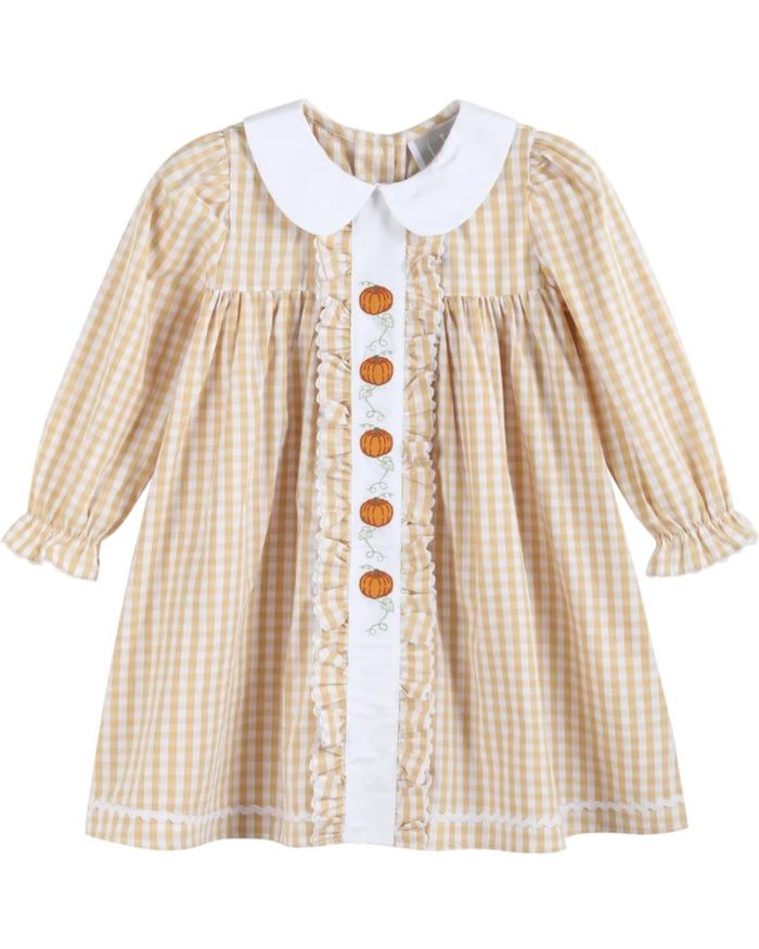Light Brown Gingham Pumpkin Vine Ruffle Dress - Lil Cactus