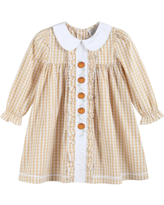 Light Brown Gingham Pumpkin Vine Ruffle Dress - Lil Cactus