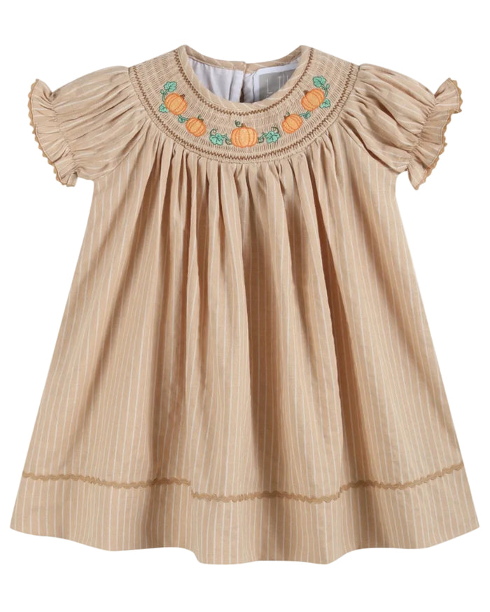 Light Brown Pinstripe Pumpkin Smocked Bishop Dress - Lil Cactus