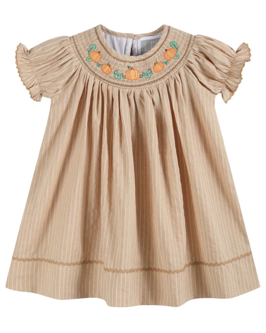 Light Brown Pinstripe Pumpkin Smocked Bishop Dress - Lil Cactus