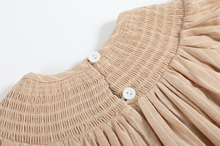 Light Brown Pinstripe Pumpkin Smocked Bishop Dress - Lil Cactus