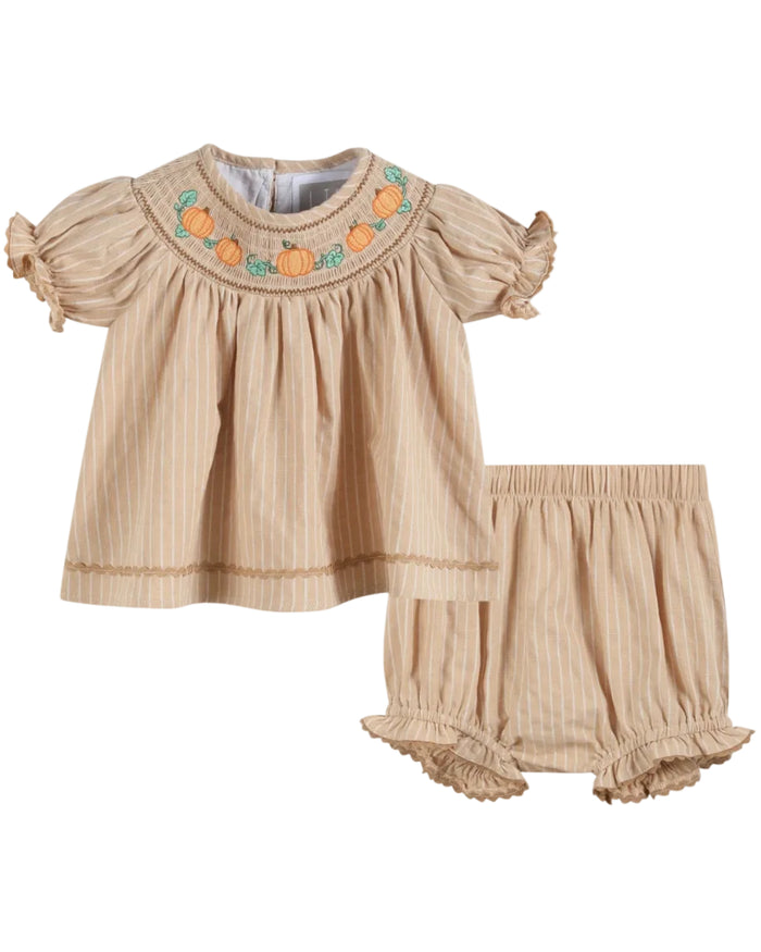Light Brown Pinstripe Pumpkin Smocked Dress and Bloomer Set - Lil Cactus