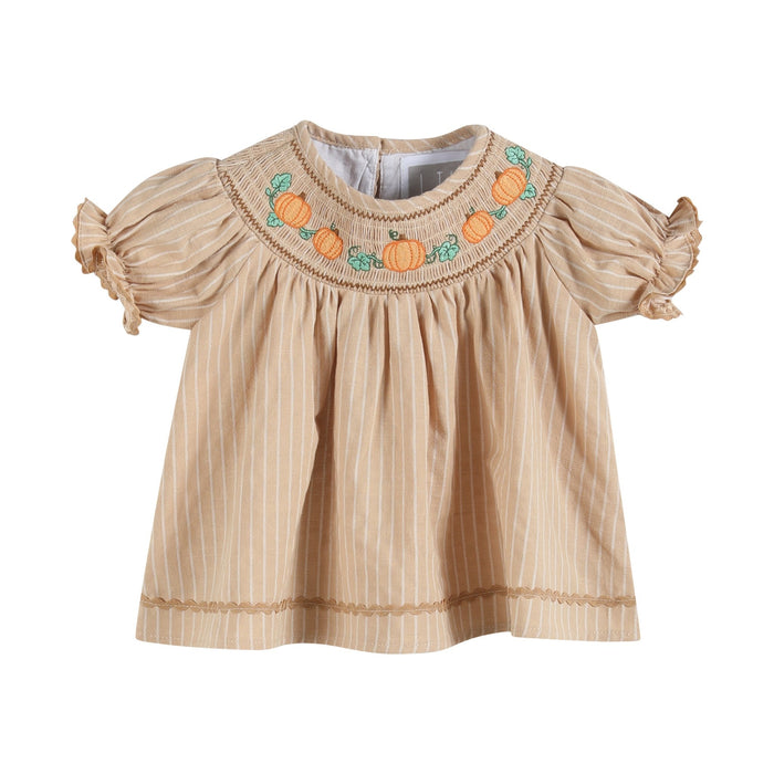 Light Brown Pinstripe Pumpkin Smocked Dress and Bloomer Set - Lil Cactus
