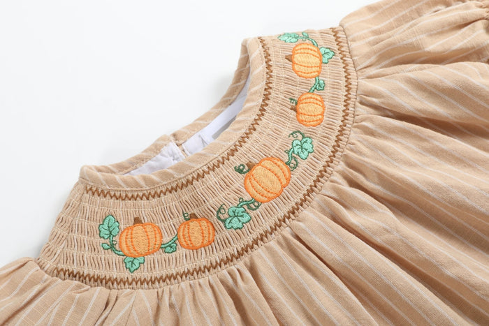 Light Brown Pinstripe Pumpkin Smocked Dress and Bloomer Set - Lil Cactus