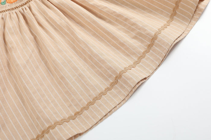 Light Brown Pinstripe Pumpkin Smocked Dress and Bloomer Set - Lil Cactus