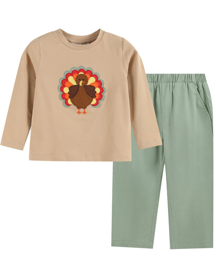 Light Brown Turkey Shirt and Sage Green Pants Set - Lil Cactus