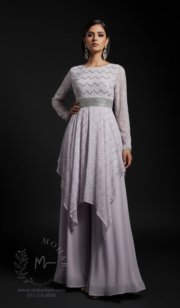 Light Lavender Embroidered Asymmetric Kurta Set with Palazzo Pants