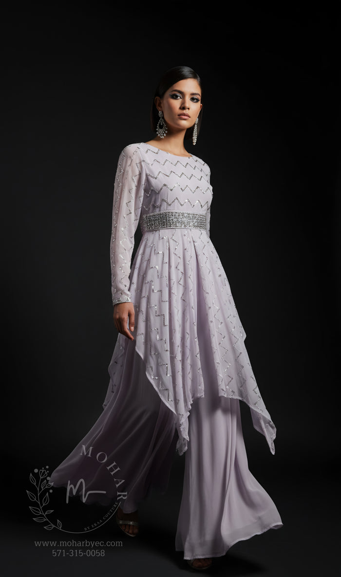 Light Lavender Embroidered Asymmetric Kurta Set with Palazzo Pants