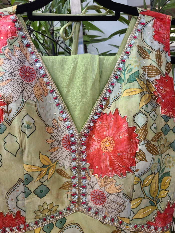 Lime Green Floral Anarkali Gown