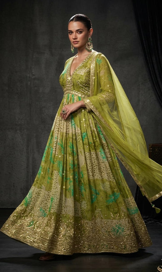Lime Green Floral Print Embroidered Anarkali Set with Dupatta