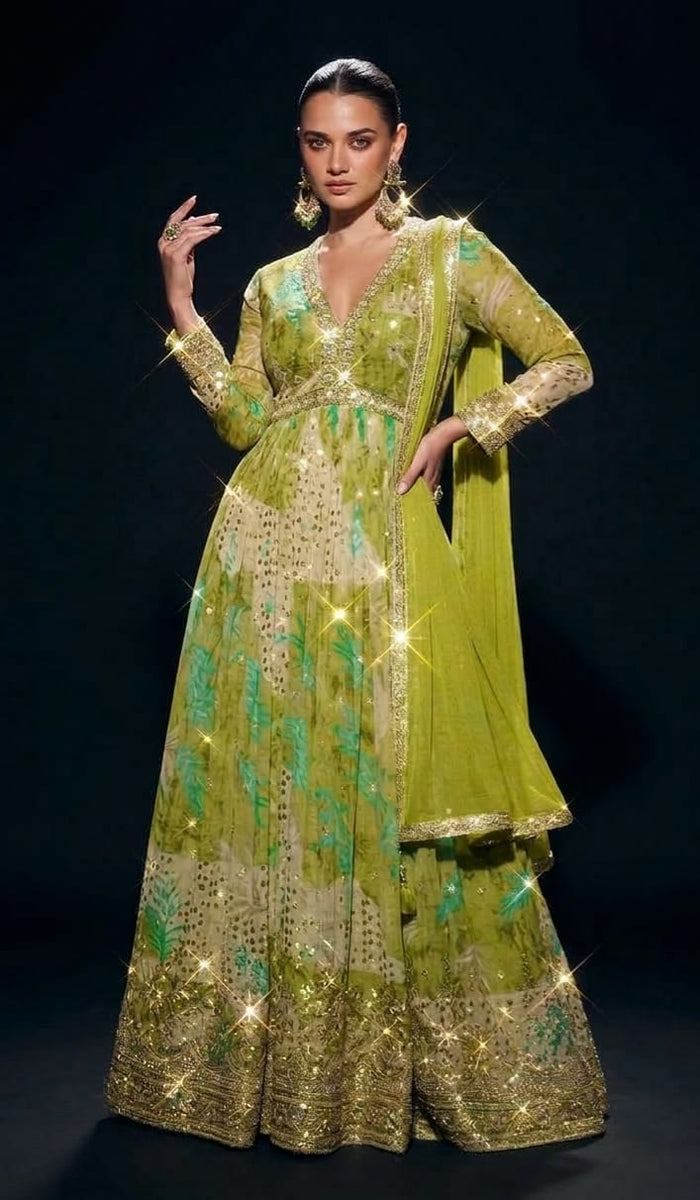 Lime Green Floral Print Embroidered Anarkali Set with Dupatta