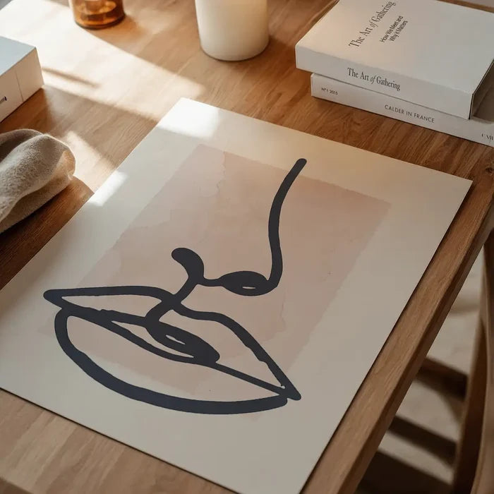 Lips Drawing Watercolour Style Print unframed on a home office desk