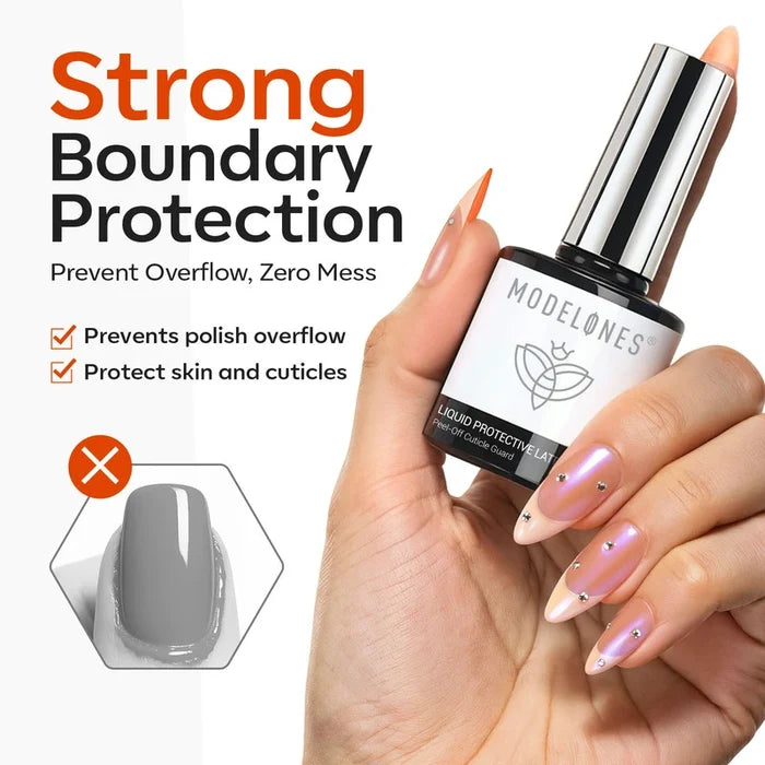 A manicured hand holds a MODELONES Liquid Protective Latex 15ml bottle. Text highlights strong boundary protection for flawless nail art, preventing polish overflow and shielding skin and cuticles. Gray polish overflow is illustrated.
