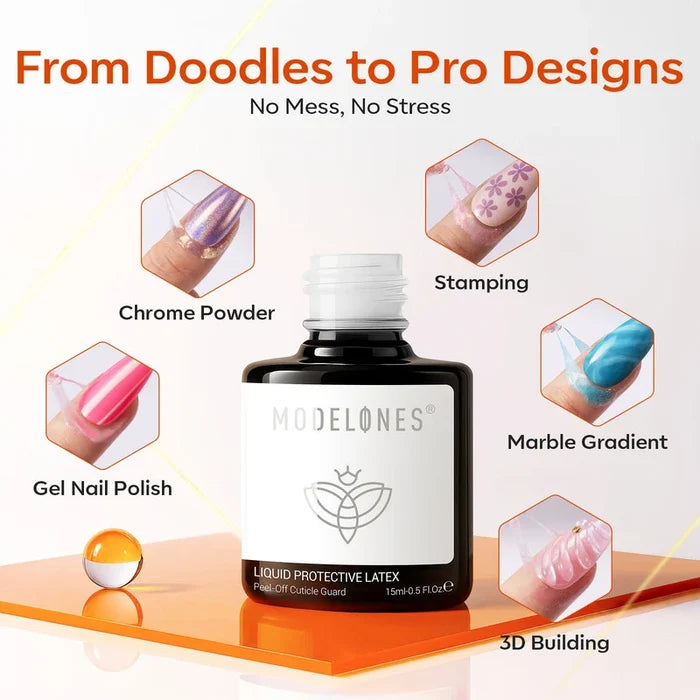An open bottle of MODELONES Liquid Protective Latex 15ml rests on an orange tray, surrounded by decorated nails labeled Chrome Powder, Stamping, Marble Gradient, Gel Nail Polish, and 3D Building.