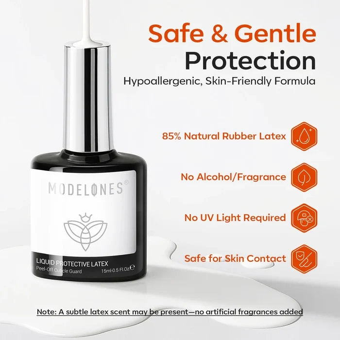 MODELONES Liquid Protective Latex 15ml: perfect for nail art, offering safe & gentle protection. Hypoallergenic, 85% natural rubber latex, alcohol- and fragrance-free, no UV light needed—a peelable base coat safe for skin contact.