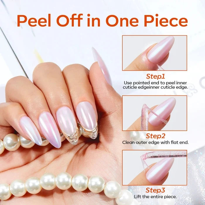 A hand with long, shiny pink nails—created with MODELONES Liquid Protective Latex 15ml—holds a pearl necklace. Inset images show peeling off nails. Text: “Peel Off in One Piece”—perfect for easy nail art removal.