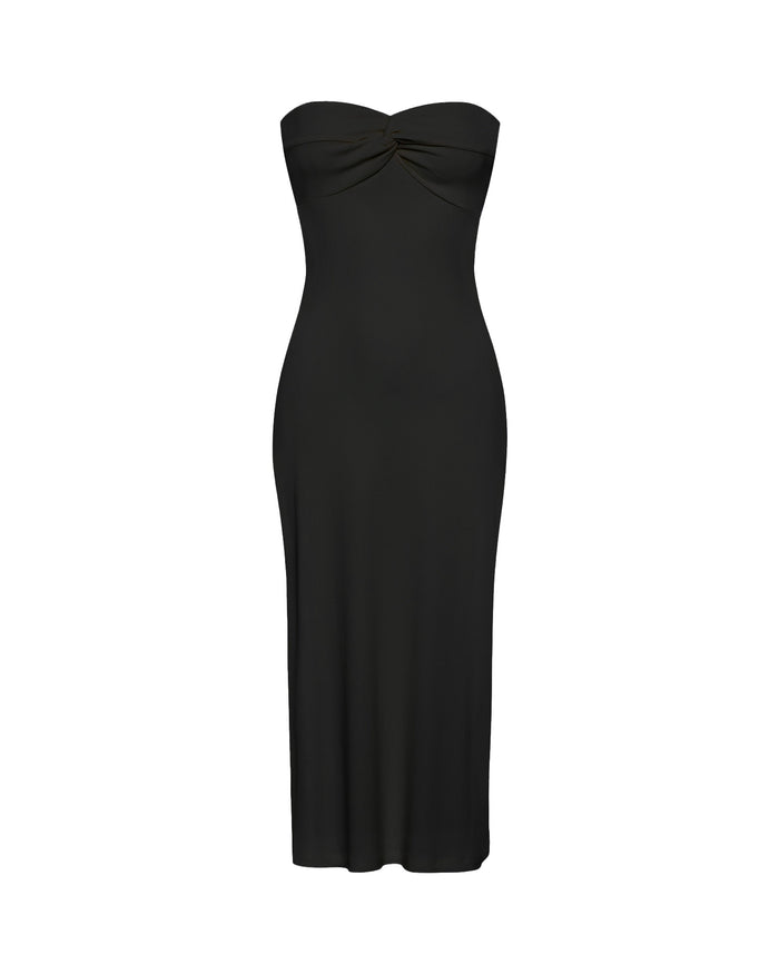 Off-model view of the LSPACE Lisette Dress in black, displayed on a white background showing the strapless midi silhouette with a twisted sweetheart neckline and body-conscious fit.